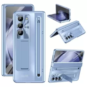 Para Samsung Galaxy Z Fold6 5G Kickstand Case Bisagra PC Port Cover Con Película de Vidrio Templado / Aguja - Azul
